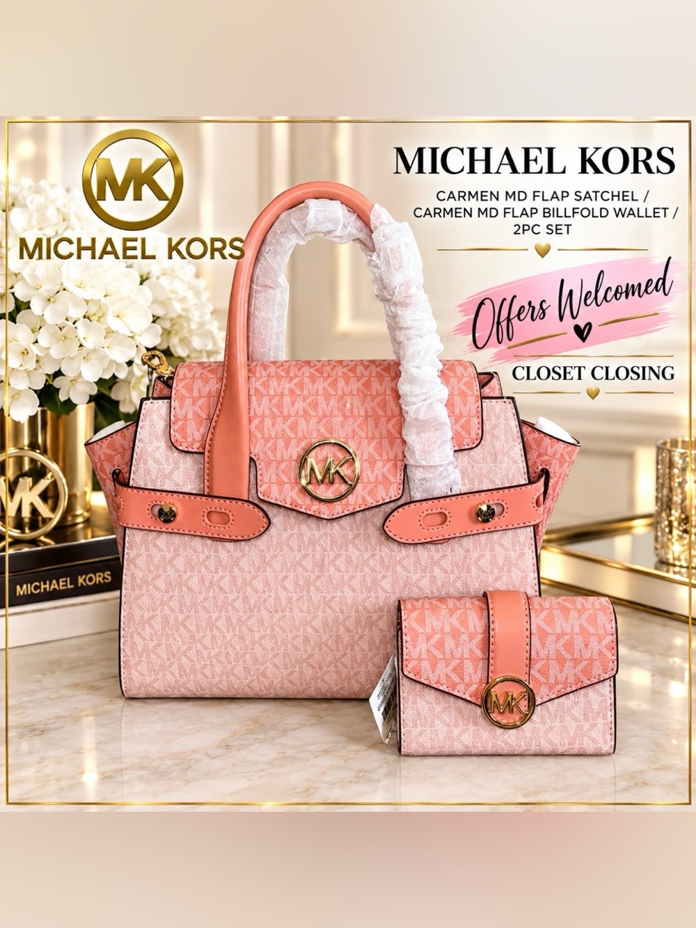 Michael Kors CARMEN MD Flap Satchel/CARMEN MD Flap Billfold Wallet 2pc Set